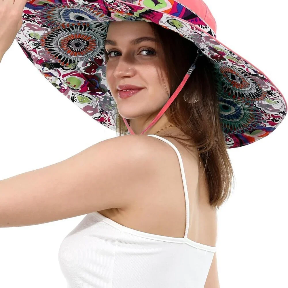 Women Floral Summer Sun Hat Ultra Wide Brim UV Protection Reversible Foldable